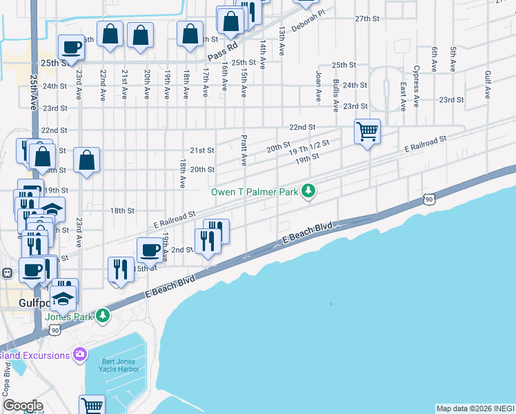 map of restaurants, bars, coffee shops, grocery stores, and more near 1524 2nd Street in Gulfport