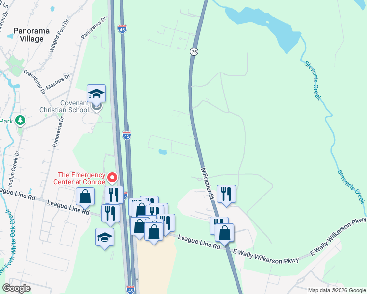 map of restaurants, bars, coffee shops, grocery stores, and more near 5015 Willow Point Drive in Conroe