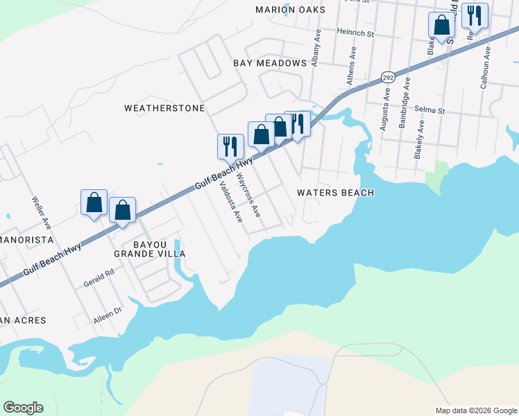 map of restaurants, bars, coffee shops, grocery stores, and more near 100 Valdosta Avenue in Pensacola