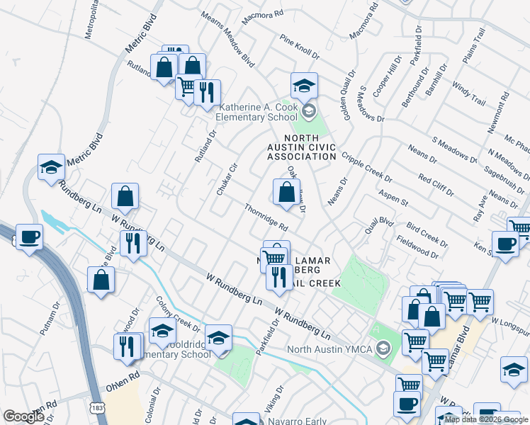 map of restaurants, bars, coffee shops, grocery stores, and more near 9601 Newfoundland Circle in Austin