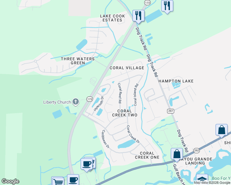 map of restaurants, bars, coffee shops, grocery stores, and more near 124 Tobago Court in Pensacola