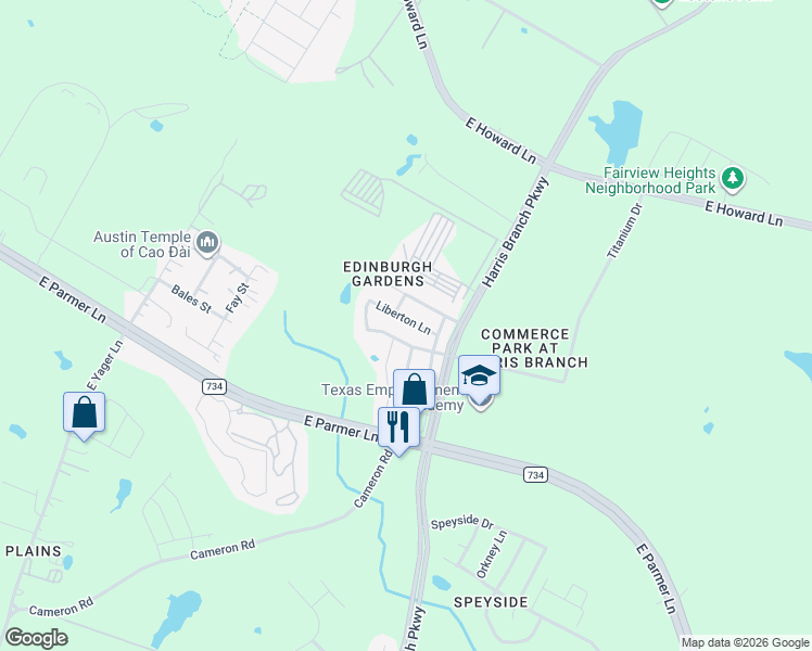 map of restaurants, bars, coffee shops, grocery stores, and more near 5648 Brougham Way in Austin