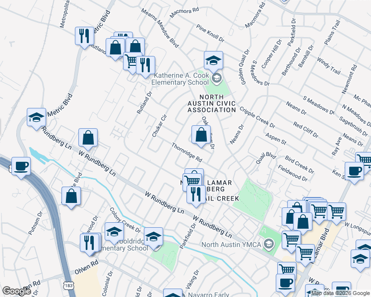map of restaurants, bars, coffee shops, grocery stores, and more near 9601 Newfoundland Circle in Austin