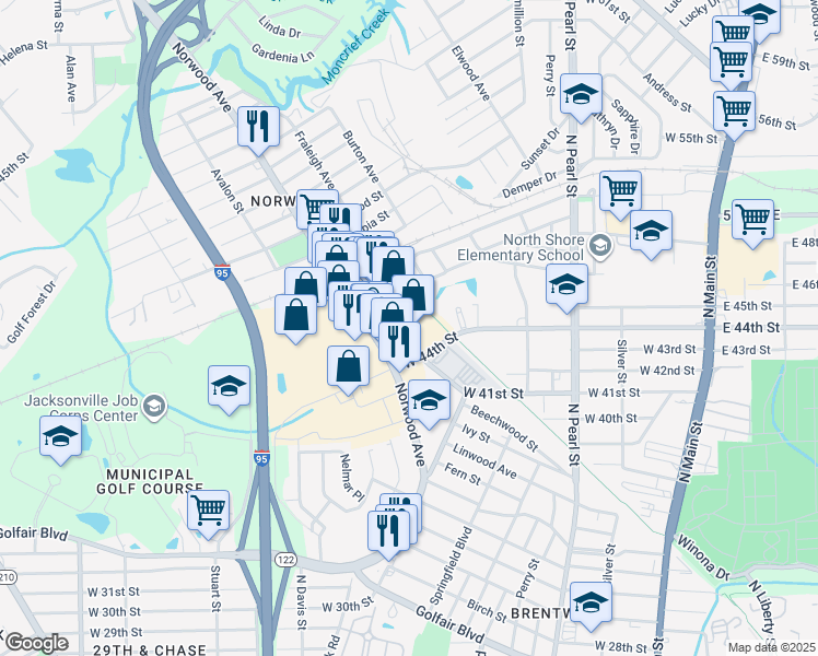 map of restaurants, bars, coffee shops, grocery stores, and more near 751 West 44th Street in Jacksonville