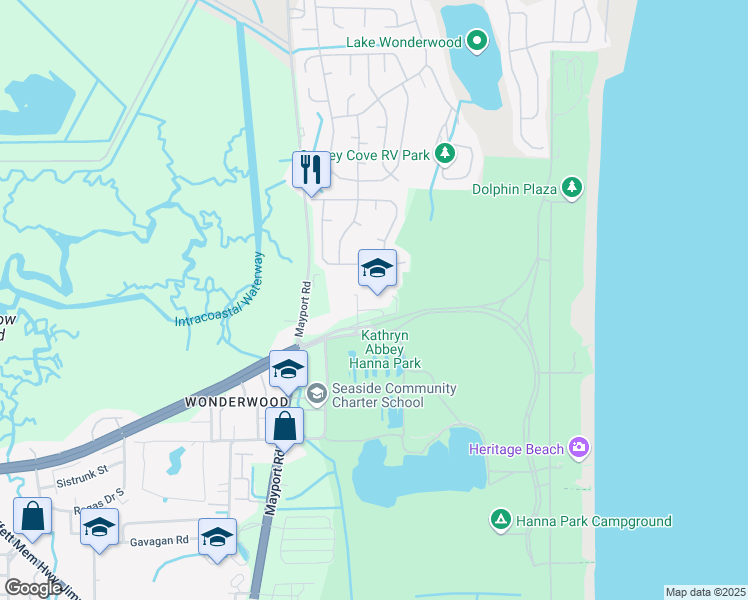 map of restaurants, bars, coffee shops, grocery stores, and more near 555 Wonderwood Drive in Atlantic Beach