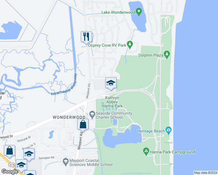 map of restaurants, bars, coffee shops, grocery stores, and more near 555 Wonderwood Drive in Atlantic Beach
