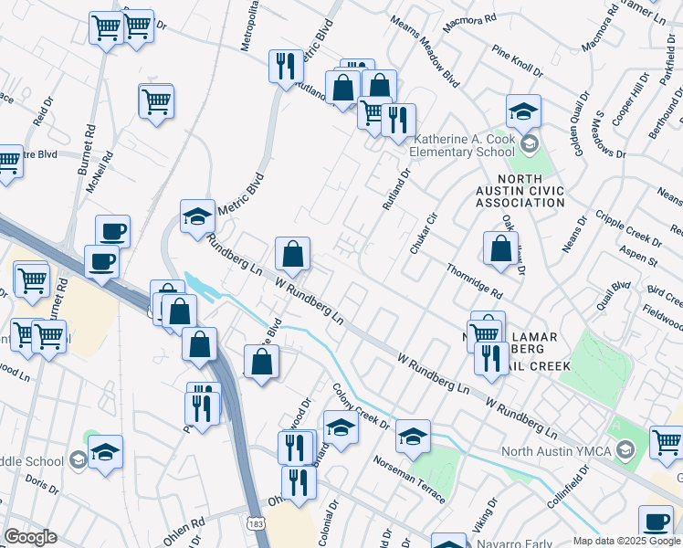 map of restaurants, bars, coffee shops, grocery stores, and more near 1806 West Rundberg Lane in Austin