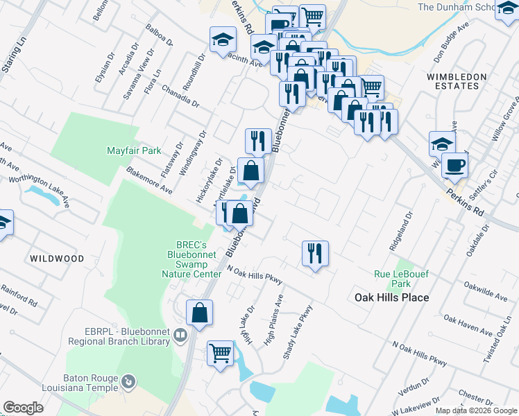 map of restaurants, bars, coffee shops, grocery stores, and more near 8595 Bluebonnet Boulevard in Baton Rouge