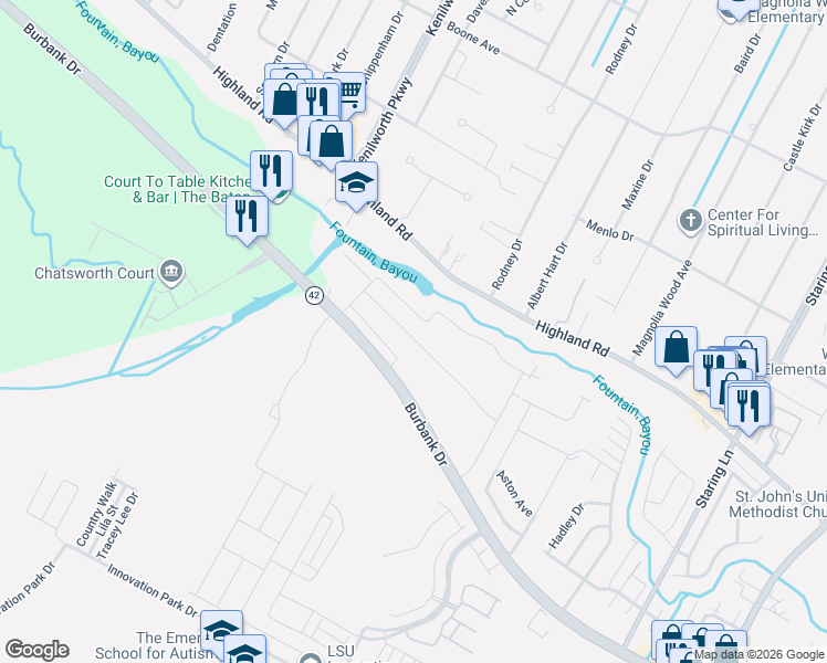 map of restaurants, bars, coffee shops, grocery stores, and more near 8058 Seville Court in Baton Rouge