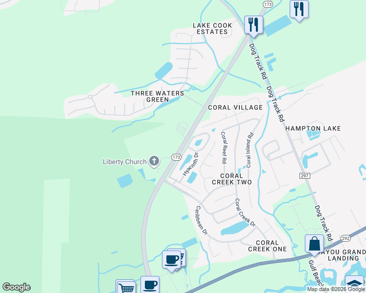 map of restaurants, bars, coffee shops, grocery stores, and more near 201 Marigold Drive in Pensacola