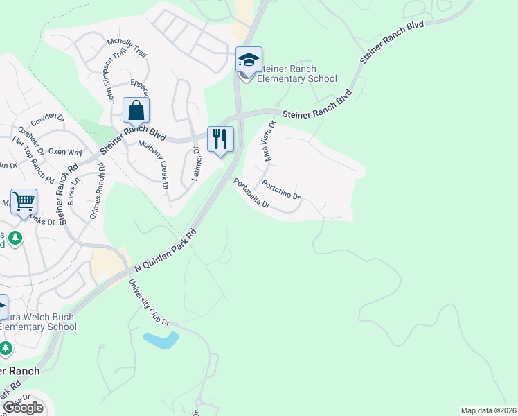 map of restaurants, bars, coffee shops, grocery stores, and more near 12013 Portobella Drive in Austin