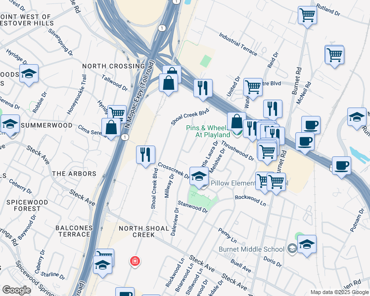 map of restaurants, bars, coffee shops, grocery stores, and more near 8701 Millway Drive in Austin