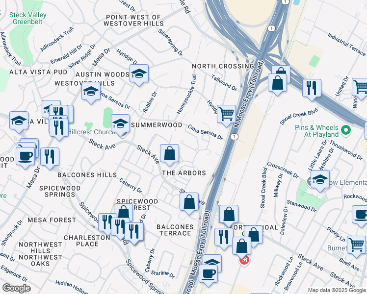 map of restaurants, bars, coffee shops, grocery stores, and more near 8304 Summer Side Drive in Austin