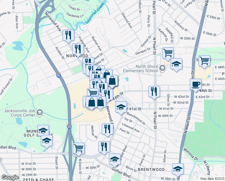 map of restaurants, bars, coffee shops, grocery stores, and more near 751-777 W 44th St in Jacksonville