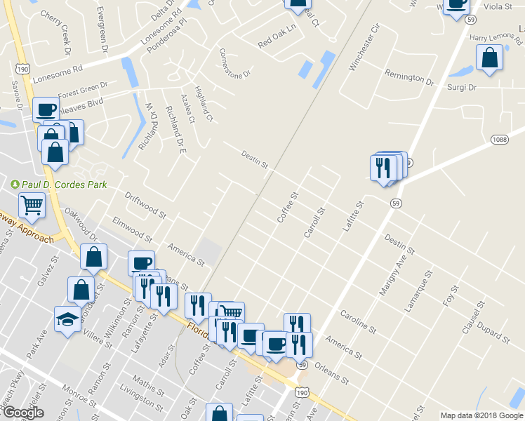 map of restaurants, bars, coffee shops, grocery stores, and more near 2333 Webster Street in Mandeville