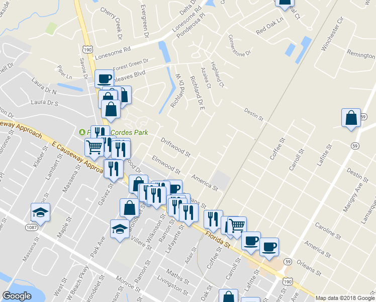 map of restaurants, bars, coffee shops, grocery stores, and more near 202 Driftwood Street in Mandeville
