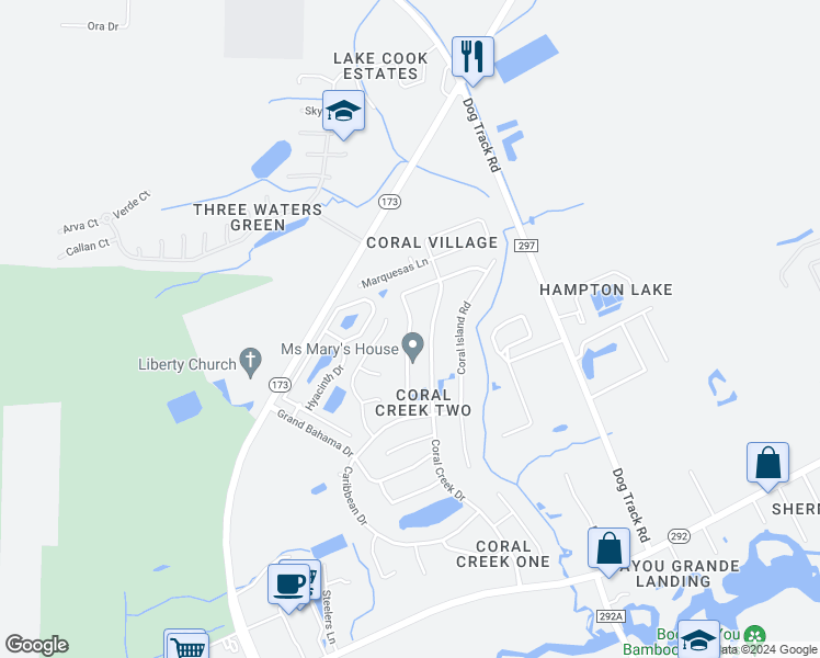 map of restaurants, bars, coffee shops, grocery stores, and more near 2015 Coral Reef Road in Pensacola