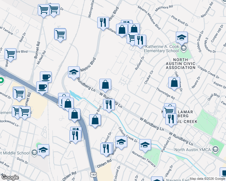 map of restaurants, bars, coffee shops, grocery stores, and more near 1830 West Rundberg Lane in Austin