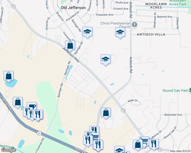 map of restaurants, bars, coffee shops, grocery stores, and more near 15755 Jefferson Highway in Baton Rouge