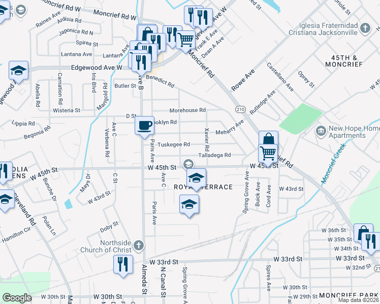 map of restaurants, bars, coffee shops, grocery stores, and more near 2101 West 45th Street in Jacksonville