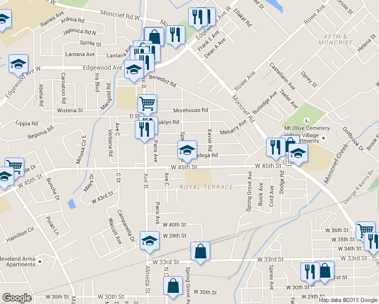map of restaurants, bars, coffee shops, grocery stores, and more near 5518 Spellman Road in Jacksonville