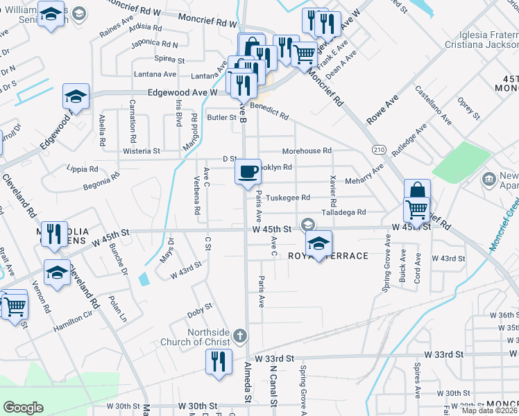 map of restaurants, bars, coffee shops, grocery stores, and more near 2170 Talladega Road in Jacksonville