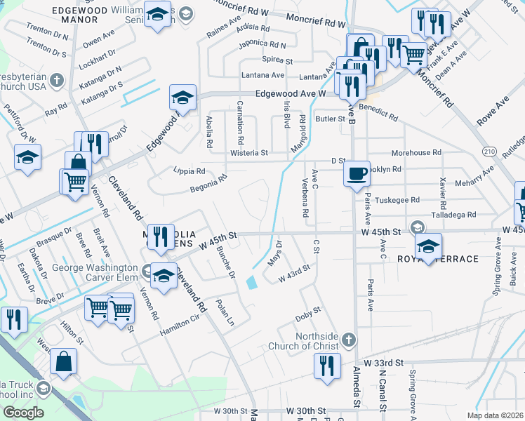 map of restaurants, bars, coffee shops, grocery stores, and more near 5516 Minosa Circle East in Jacksonville