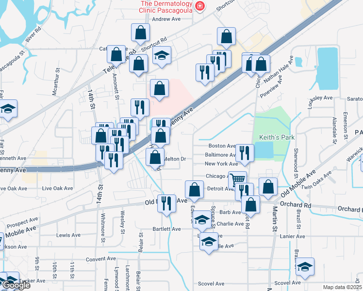 map of restaurants, bars, coffee shops, grocery stores, and more near 3705 Eden Street in Pascagoula