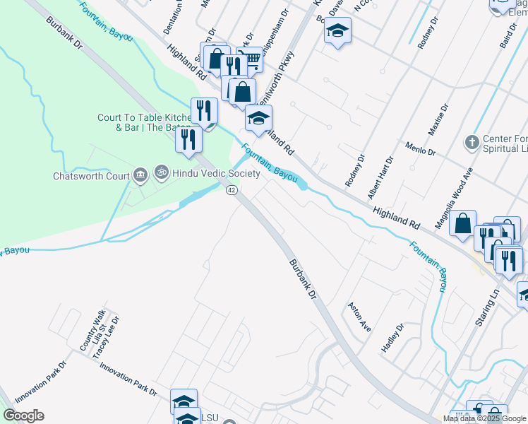 map of restaurants, bars, coffee shops, grocery stores, and more near 411 Cordova Avenue in Baton Rouge