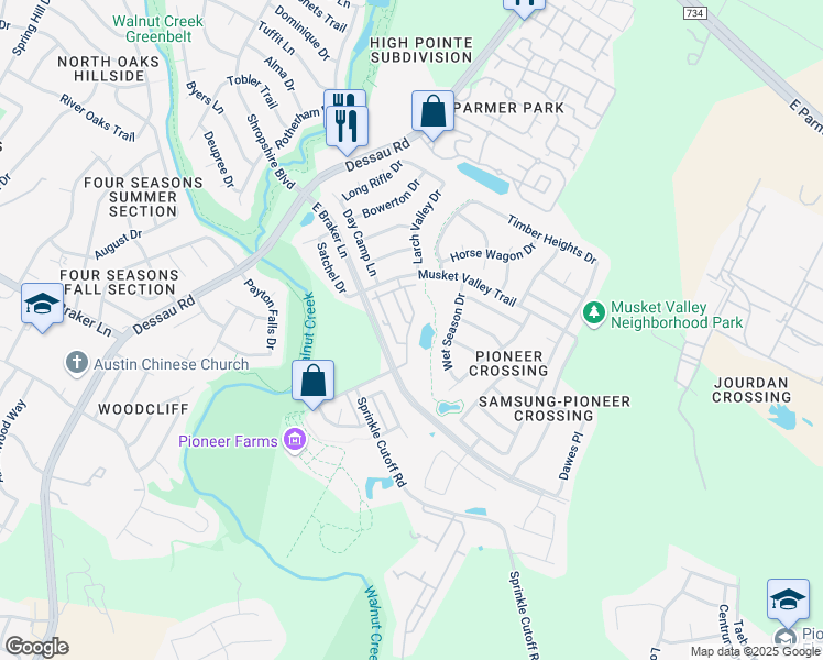 map of restaurants, bars, coffee shops, grocery stores, and more near 1505 Roseburg Drive in Austin