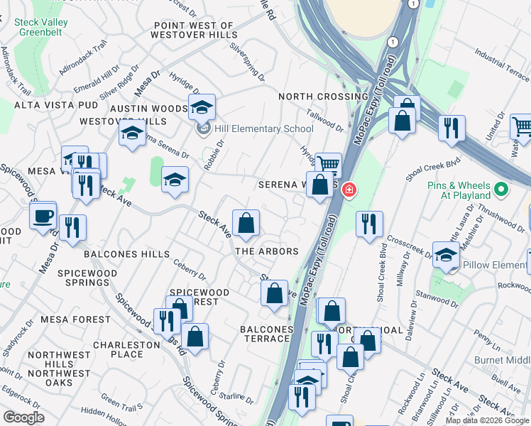map of restaurants, bars, coffee shops, grocery stores, and more near 8304 Summer Side Drive in Austin