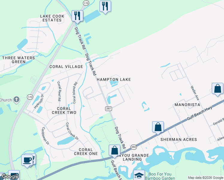 map of restaurants, bars, coffee shops, grocery stores, and more near 9750 Brookstone Way in Pensacola