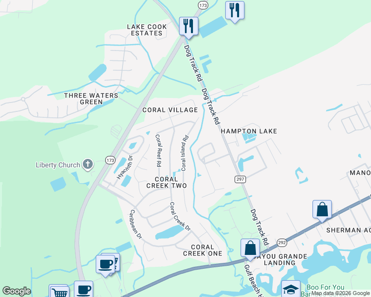 map of restaurants, bars, coffee shops, grocery stores, and more near 1940 Coral Island Road in Pensacola