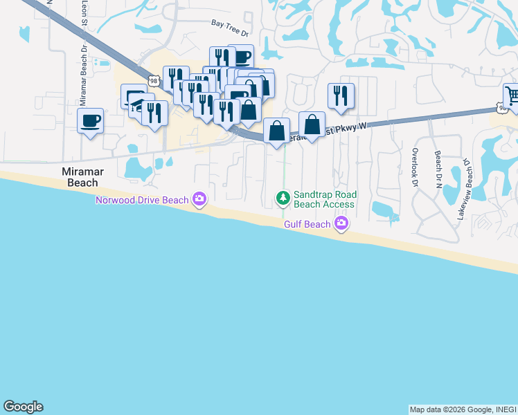 map of restaurants, bars, coffee shops, grocery stores, and more near 200 Snowdrift Road in Miramar Beach