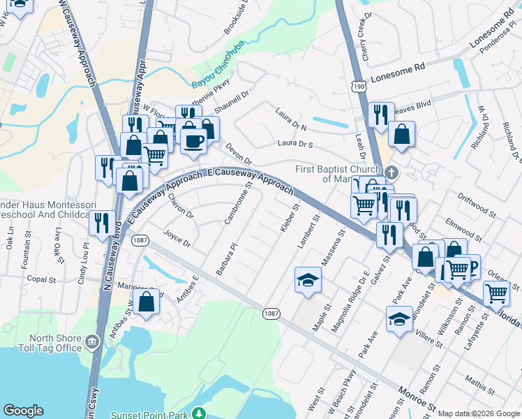 map of restaurants, bars, coffee shops, grocery stores, and more near 625 Barbara Place in Mandeville