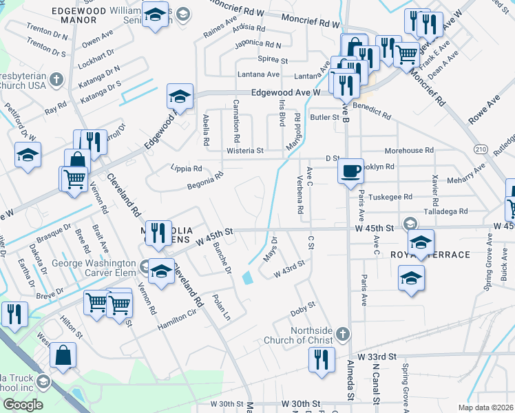 map of restaurants, bars, coffee shops, grocery stores, and more near 5516 Minosa Circle East in Jacksonville