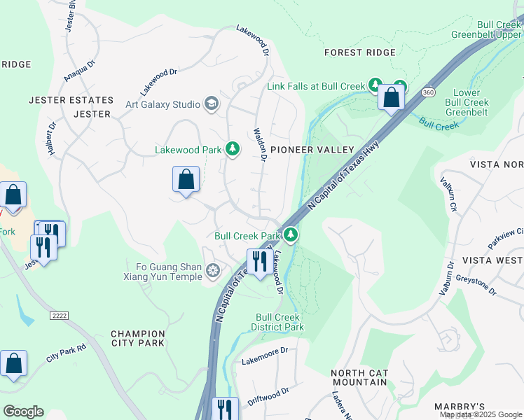 map of restaurants, bars, coffee shops, grocery stores, and more near 7204 Lakewood Drive in Austin