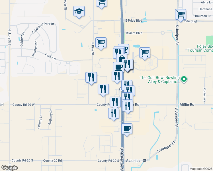 map of restaurants, bars, coffee shops, grocery stores, and more near 126 County Road 20 in Foley