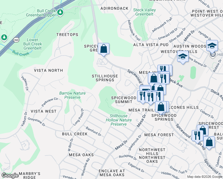 map of restaurants, bars, coffee shops, grocery stores, and more near 4411 Spicewood Springs Rd in Austin