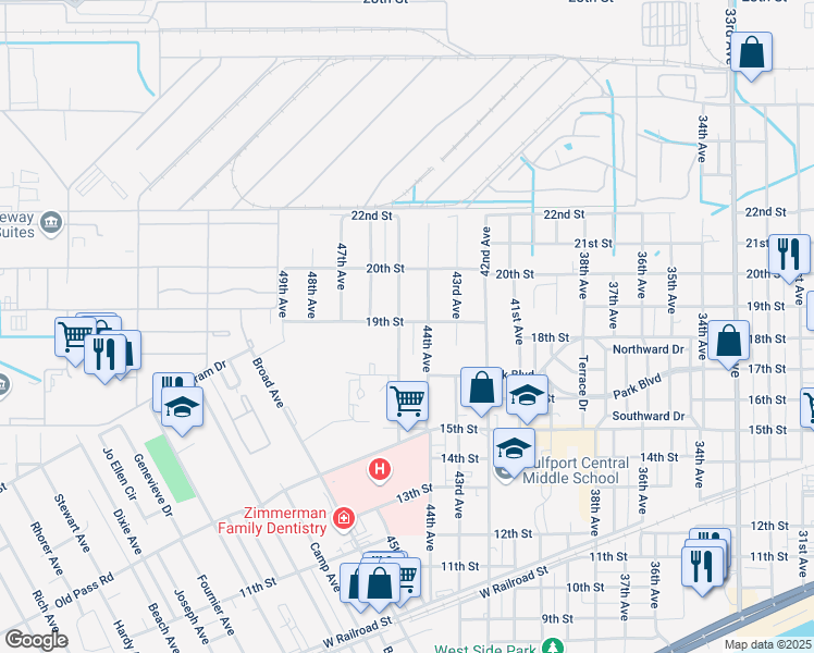 map of restaurants, bars, coffee shops, grocery stores, and more near 1744 45th Avenue in Gulfport