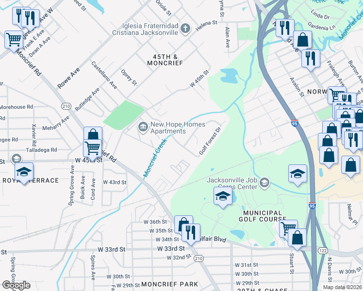 map of restaurants, bars, coffee shops, grocery stores, and more near 5417 Golfbrook Drive in Jacksonville