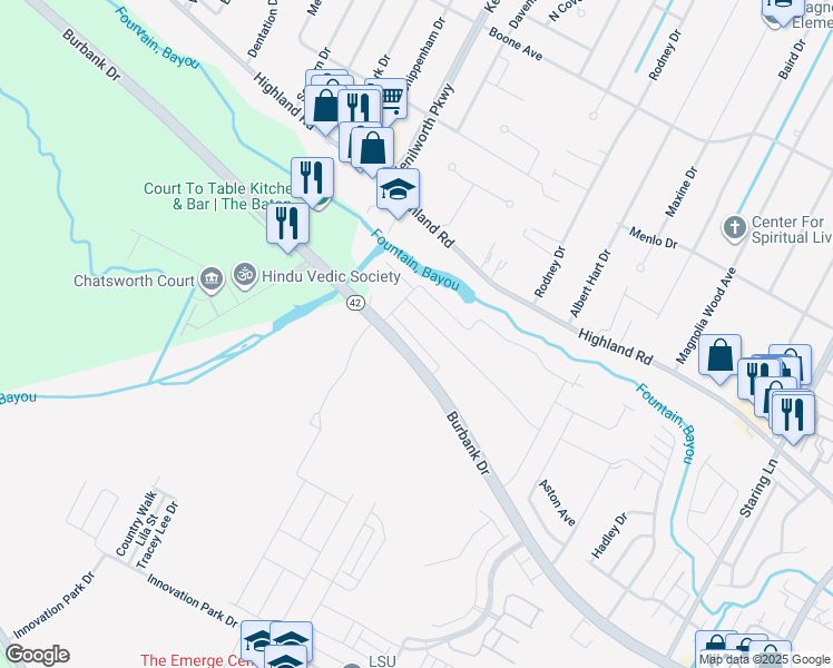 map of restaurants, bars, coffee shops, grocery stores, and more near 7844 Seville Court in Baton Rouge