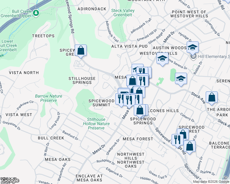 map of restaurants, bars, coffee shops, grocery stores, and more near 4413 Spicewood Springs Road in Austin