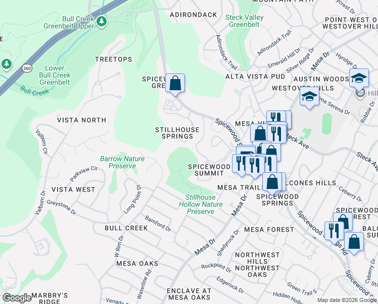 map of restaurants, bars, coffee shops, grocery stores, and more near 4411 Spicewood Springs Rd in Austin