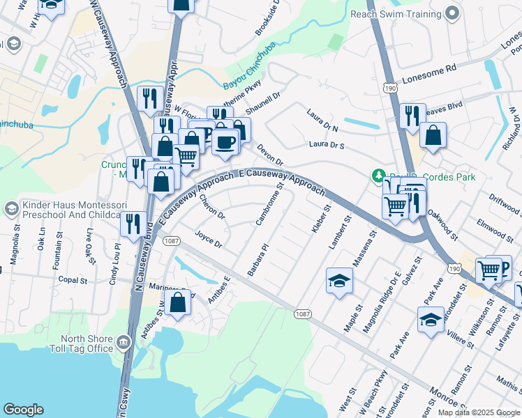 map of restaurants, bars, coffee shops, grocery stores, and more near 285 Dona Drive in Mandeville