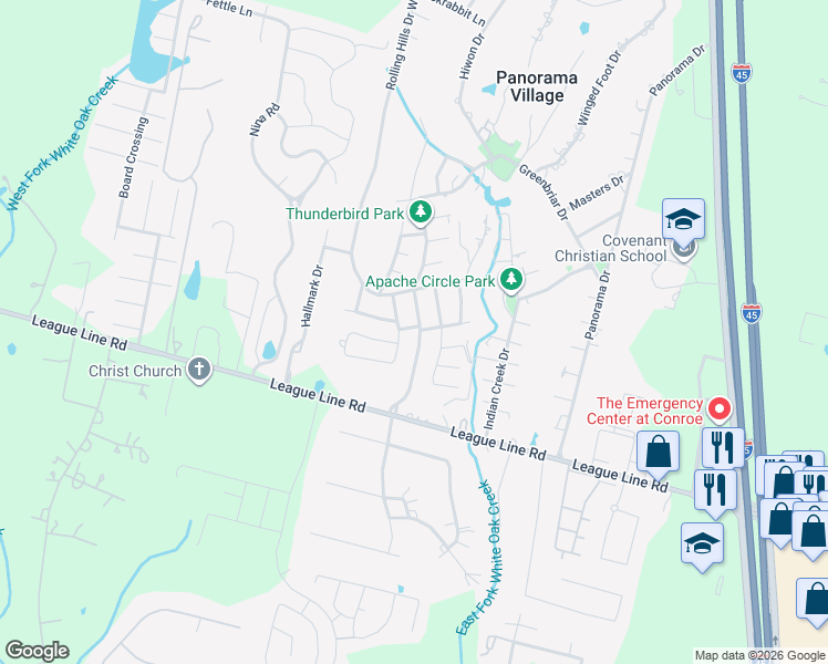 map of restaurants, bars, coffee shops, grocery stores, and more near 158 Thunderbird Drive in Conroe