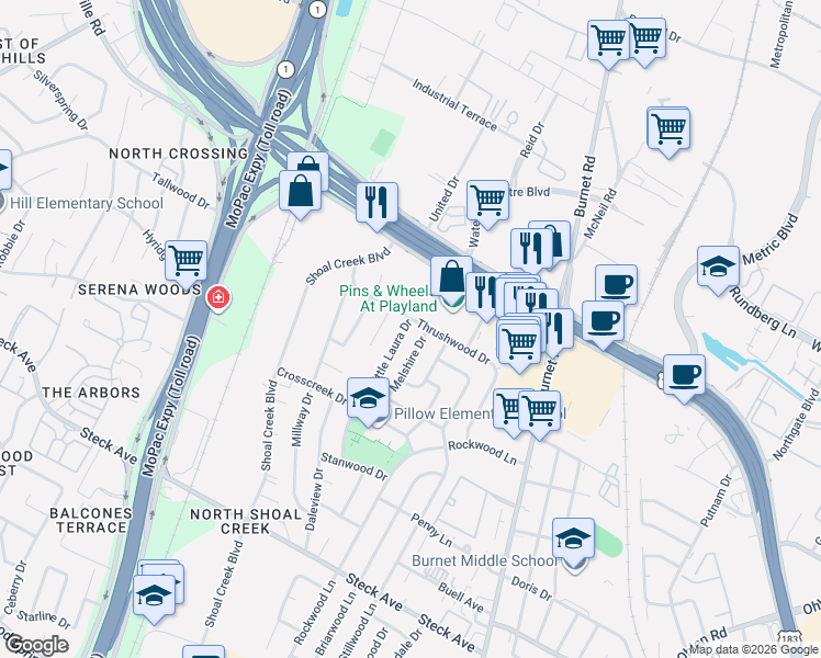map of restaurants, bars, coffee shops, grocery stores, and more near 2920b Thrushwood Drive in Austin