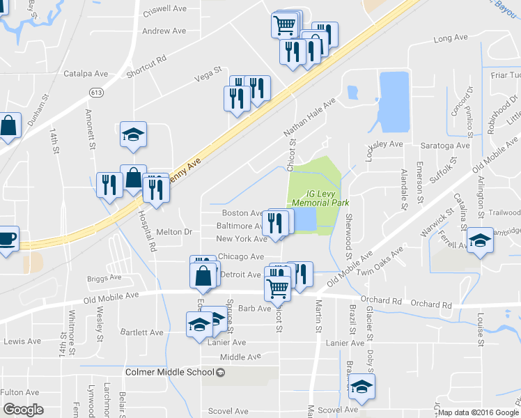 map of restaurants, bars, coffee shops, grocery stores, and more near 3407 Boston Avenue in Pascagoula