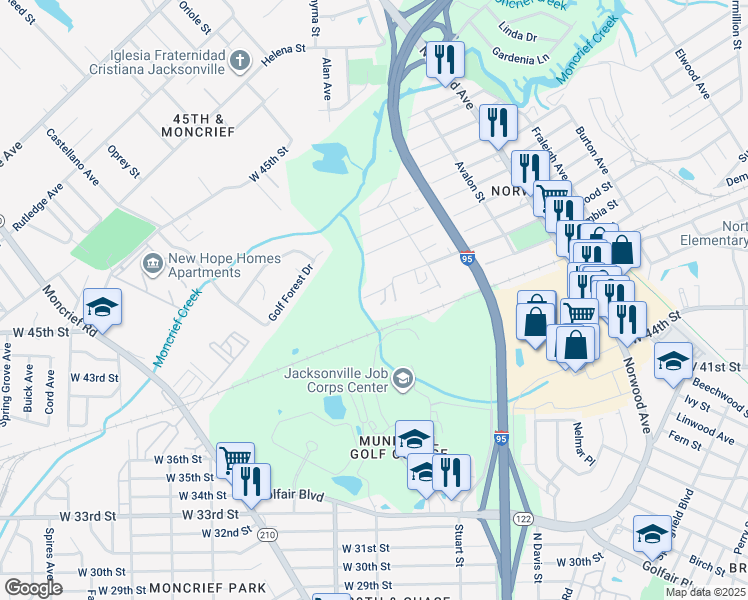 map of restaurants, bars, coffee shops, grocery stores, and more near 1348 Crestwood Street in Jacksonville