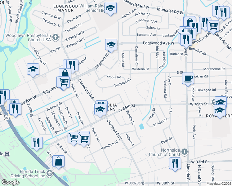 map of restaurants, bars, coffee shops, grocery stores, and more near 2808 Begonia Road in Jacksonville